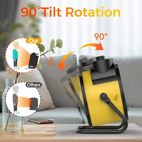 Indoor Space Heater 1500W PTC Ceramic with 90 Degree Adjustable Angle shown in tilt rotation on a desk.