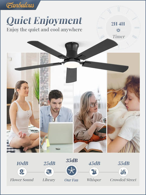 Modern 52 Inch Ceiling Fan With Light And Remote, Slick Low Profile Setup For Living Space, Smart App Control Reversible Blades, Smooth Chill Airflow total quiet enjoyment.