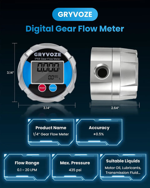 Digital Gear Flow Meter One Quarter Inch NPT For Low Flow High Viscosity Liquids With Plus Or Minus 0.5 Percent Accuracy 0.026 To 5.28 GPM Ideal For Motor Oil Lubricants Antifreeze And Hydraulic Systems In Automotive And Industrial Rigs, front and side view displayed.