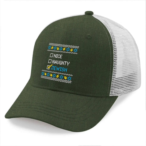 Mens Army Green Trucker Cap With Adjustable Buckle featuring Jewish text design, one size fits most, casual and stylish for everyday wear