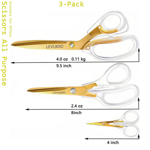 Go-To Everyday Office And Craft Scissors With Titanium Coated Blades And Clear Ergonomic Handles, Durable 3 Pack For Home Desk Or School Projects, Gold Finish For Sharp Clean Cuts. 3-pack gold scissors with clear handles, 9.5, 8, and 4 inch sizes.