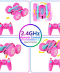 Pink Remote Control Car For Girls That Flips 360 Degrees, Double-Sided Stunt RC Toy with controller, 2.4GHz easy to control