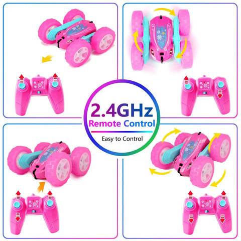 Pink Remote Control Car For Girls That Flips 360 Degrees, Double-Sided Stunt RC Toy with controller, 2.4GHz easy to control