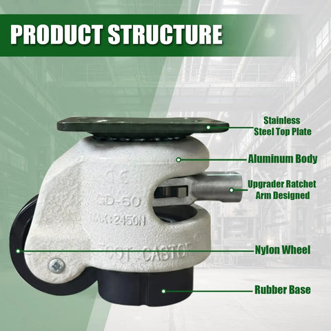Heavy Duty Leveling Casters With Ratchet Handle Set Of 4 2200 Lb Capacity Steel Core Built Like A Tank Smooth Roll Foundation For Garage Setup showing stainless steel top plate and nylon wheel.