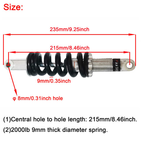Universal Rear Shock Absorber 215 Millimeter Eye To Eye 2000 Pound Load with dimensions annotated