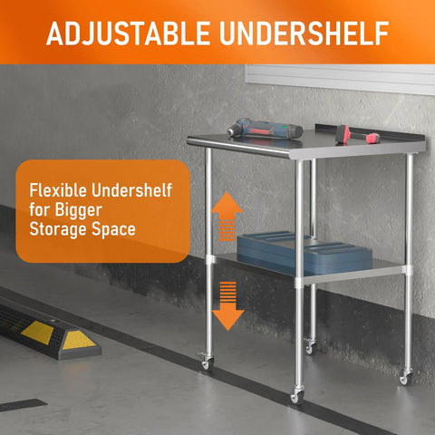 Stainless Steel Prep Table 30 By 30 With Adjustable Undershelf Backsplash And Wheels For Kitchen, showing side view with tools.