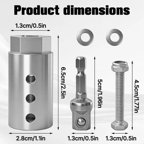 Dimensions of 1 Inch Jack Drive Drill Adapter For Trailers, stainless steel, heavy duty towing and maintenance accessory.