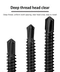 Top Shelf Phillips Flat Head Self Drilling Screws Featuring A Smooth Countersink Head And Tough Black Zinc Plated Carbon Steel Frame For Rapid Sheet Metal And Wood Fastening Size 10 By 1 Half Inch Packaged In A Sturdy 35 Piece Supply Kit showing three deep thread screws.