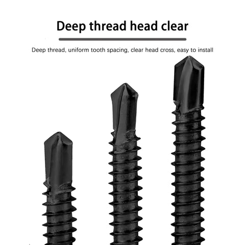 Top Shelf Phillips Flat Head Self Drilling Screws Featuring A Smooth Countersink Head And Tough Black Zinc Plated Carbon Steel Frame For Rapid Sheet Metal And Wood Fastening Size 10 By 1 Half Inch Packaged In A Sturdy 35 Piece Supply Kit showing three deep thread screws.