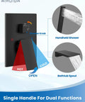 Diagram of Wall Mount Tub Faucet With Waterfall Spout And Handheld Shower, Dope Matte Black Finish, showing control functions.