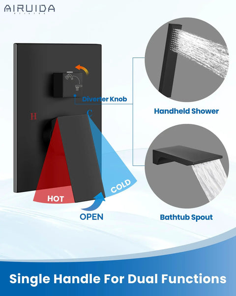 Diagram of Wall Mount Tub Faucet With Waterfall Spout And Handheld Shower, Dope Matte Black Finish, showing control functions.