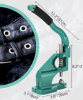 Three Die Hand Press Grommet Machine Kit With 1500 Eyelets for leather belts and tool dimensions shown