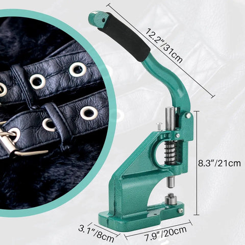 Three Die Hand Press Grommet Machine Kit With 1500 Eyelets for leather belts and tool dimensions shown