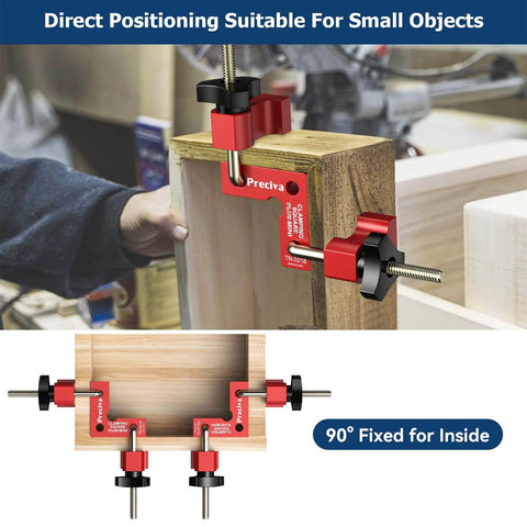 90 Degree Mini Positioning Squares Set of 2 in Red Aluminum Alloy Right Angle Clamps for Picture Frames Cabinets Drawers shown in use