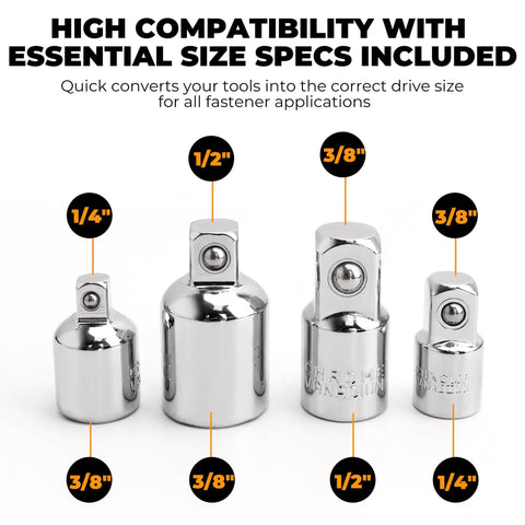 Various drive sizes of 64-Piece Torx Socket Set With Three Eighths, One Quarter, And One Half Inch Drives shown with adapters.