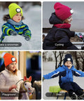 Kids wearing colorful Hands Free LED Beanie With USB Rechargeable Headlamp For Kids Unisex Winter Knit Cap Lighted Hat Navy Blue Perfect For Camping Running Walking Night Safety And Fun Gifts, playing in snow, cycling, at playground, sledding