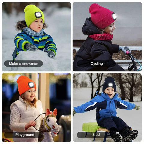 Kids wearing colorful Hands Free LED Beanie With USB Rechargeable Headlamp For Kids Unisex Winter Knit Cap Lighted Hat Navy Blue Perfect For Camping Running Walking Night Safety And Fun Gifts, playing in snow, cycling, at playground, sledding