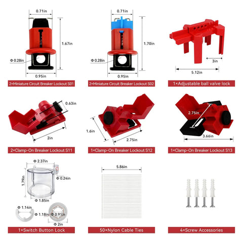 Heavy Duty Lockout Tagout Station Kit 102 Pack with circuit breaker locks, adjustable ball valve lock, and accessories.