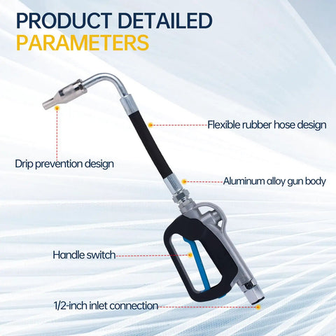 Air Operated Oil Control Valve Dispenser Nozzle With Ergonomic Handle And Locking Switch Pro Grade Heavy Duty Oil Gun One Half Inch NPT Inlet.