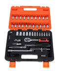 Heavy Duty 46 Piece Metric Socket Set With Heat Treated Steel And One Quarter Inch Drive In A Rugged Carry Case No Bull Garage Tool Kit Essentials, organized in black and orange case.