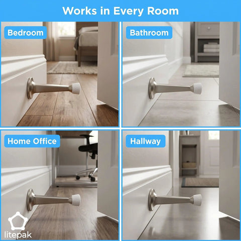 Heavy Duty Door Stoppers For Bottom Of Door Solid Metal Baseboard Mounted Screw In Wall And Floor Protector Satin Nickel Finish 3 Inch 8 Pack in bedroom, bathroom, home office, and hallway.