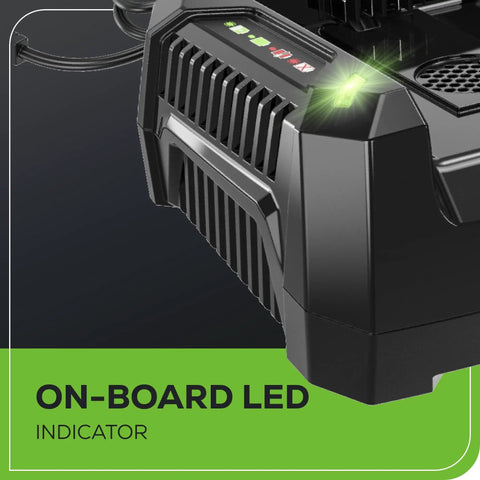 60V Ultra Power 6A Rapid Charger for All 60V Batteries with LED Status Indicator and Built In Air Vent for Faster Cooler Charging Pro Grade Safety and Quick Charge Plug And Play for Your Cordless Lawn Tools