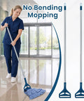 Top Notch Heavy Duty Mop Kit Featuring Six Massive Cotton Replacement Heads And Two Rock Solid Handles For Smooth Cleanup Of Every Sticky Mess On Hard Floors with 57 inch handles and blue mop head.