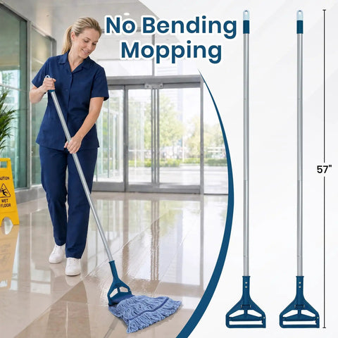 Top Notch Heavy Duty Mop Kit Featuring Six Massive Cotton Replacement Heads And Two Rock Solid Handles For Smooth Cleanup Of Every Sticky Mess On Hard Floors with 57 inch handles and blue mop head.