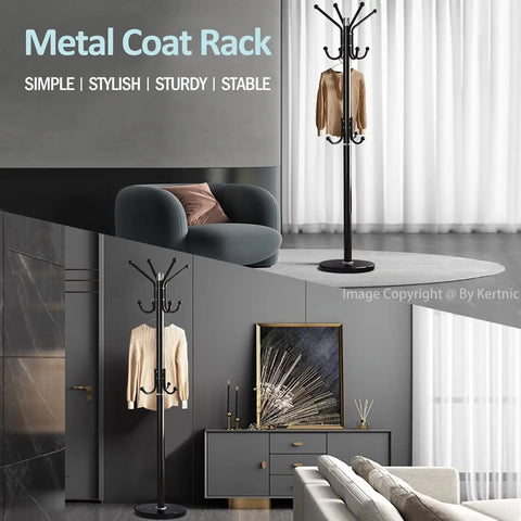Freestanding Modern Coat Rack With Natural Marble Base And No Wobble Metal Frame 11 Hooks Hall Tree in living room
