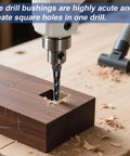 Close-up of bearing-steel mortising square-hole drill bit installed in a drill, cutting a square hole in wood.
