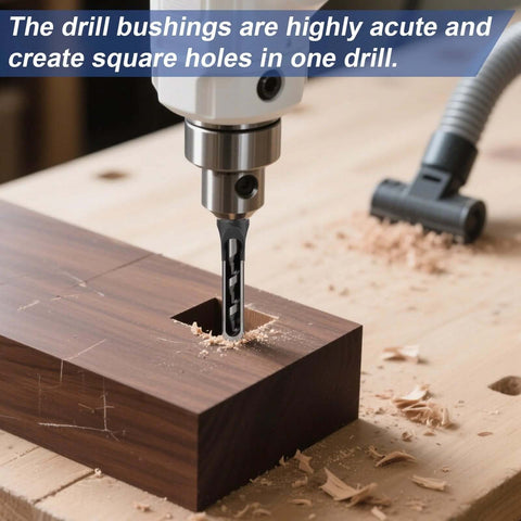 Close-up of bearing-steel mortising square-hole drill bit installed in a drill, cutting a square hole in wood.