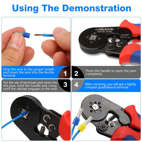 Demonstration of Pro Grade Ferrule Crimping Tool Kit With 1900 Wire Ferrule Terminals For AWG 23 To 7 Self Adjusting Ratchet Crimper