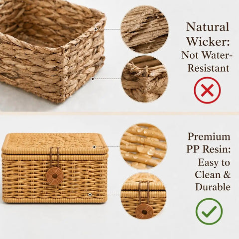 Heavy Duty Plastic Wicker Storage Basket With Lids Waterproof Woven Organizer Bins For Home Closet, showing waterproof PP resin material.