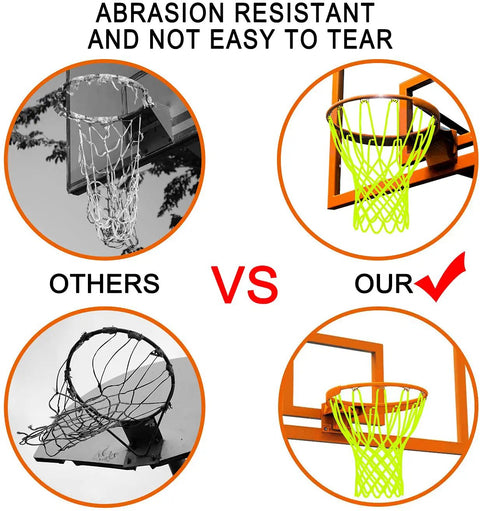 Comparison of Glow Night Light Basketball Net For Outdoor Hoops against standard nets, showing luminous nylon net in use.