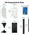 All In One Urine Test Practice Kit With Ten Temperature Strips Two Slick Hdpe Bottles dimensions and components layout image.