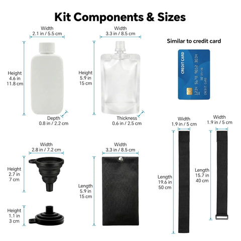 All In One Urine Test Practice Kit With Ten Temperature Strips Two Slick Hdpe Bottles dimensions and components layout image.