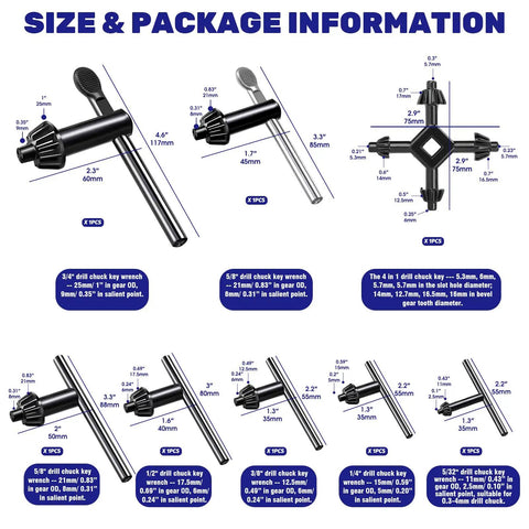 Size and package information for Dude, Check This Out! Premium Universal 8 Piece Drill Chuck Key Wrench Set with measurements.