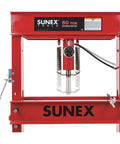 Heavy Duty 50 Ton Air Hydraulic Shop Press With Auto Pump Motor And Sliding Offset Head, red color and gauge, front view.