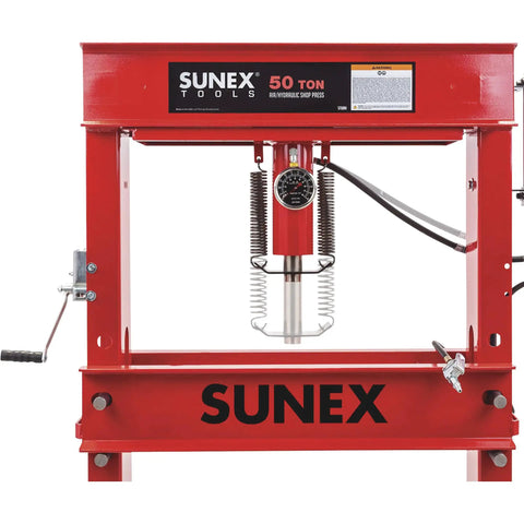 Heavy Duty 50 Ton Air Hydraulic Shop Press With Auto Pump Motor And Sliding Offset Head, red color and gauge, front view.