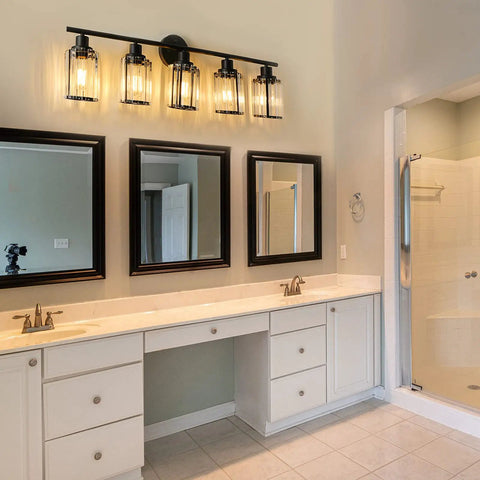Five Light Crystal Vanity Lights In Black For Bathroom Over Mirror Modern Crystal Shade Wall Fixture With E26 Base Sleek Dope Bathroom Sink Lighting Bulbs Not Included above double sink vanity in bathroom setting