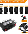 Pro Grade Hydraulic Accumulator Kit With Nitrogen Fill, showcasing case, three gauges, seven adapters, valve body, and gas hose.