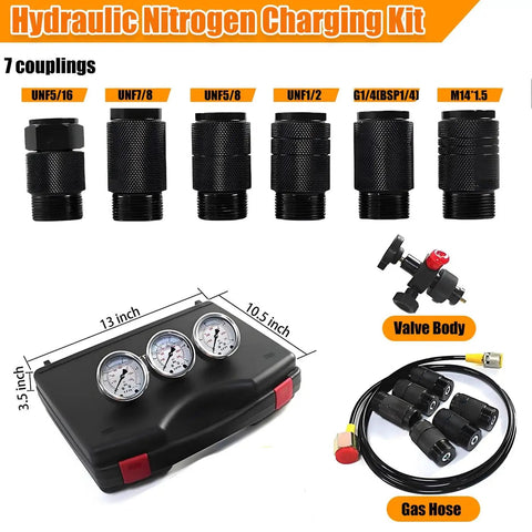 Pro Grade Hydraulic Accumulator Kit With Nitrogen Fill, showcasing case, three gauges, seven adapters, valve body, and gas hose.