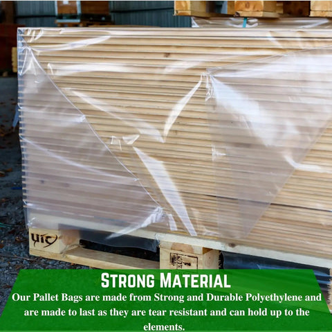 Battle Tested Heavy Duty Clear Pallet Covers 78X155 Inch 2Mil Polyethylene Workhorse Bags protecting wooden pallets outdoors.