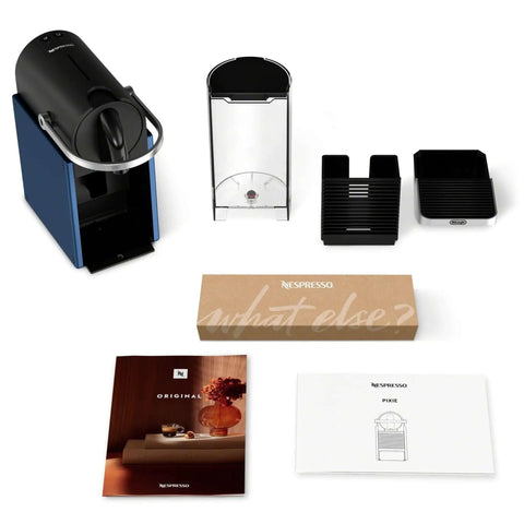 Pixie Espresso Machine By DeLonghi In Dark Blue with accessories shown, ideal for quick espresso and lungo brewing.