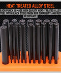 Pro Grade Heavy Duty Transfer Punch Set with 28 Pieces includes heat-treated steel punches on orange stand
