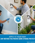 Tough As Nails Paint Sealer Spray For Indoor And Outdoor Use On Wood Concrete And Stone Dries Quick Waterproofer With UV Protection Semi Satin Finish Ready To Roll In 16 Oz Can Locks Down Surfaces And Keeps Things Looking Sharp, two men applying paint sealer on walls and outdoor surfaces.
