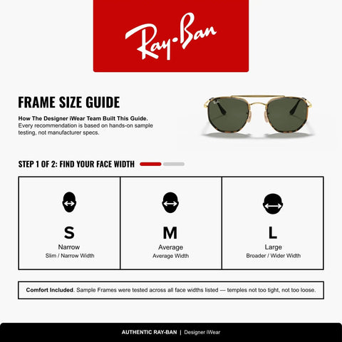 Ray-Ban frame size guide with Marshal II Geometric Aviator Sunglasses With Gold Frame And G15 Green Lenses displayed on top