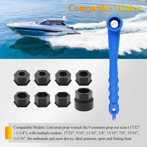 Universal Boat Prop Wrench Kit With Multiple Sockets For Outboards And Stern Drives Floating Propeller Tool For Nine Common Nut Sizes Fits One And One Sixteenth Inch Nuts Lightweight Blue Prop Nut Wrench Set