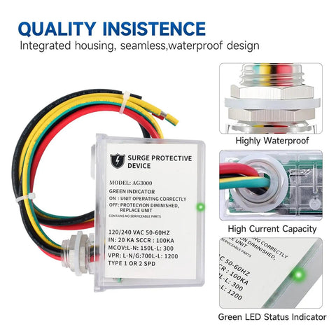 Beefed Up 120 240 VAC HVAC Surge Protector With TPMOV Tech In Watertight Enclosure shown with wiring and green LED indicator.