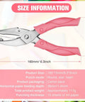 Size chart showing Five Piece Handy Handheld Hole Punch Set with metal punches for tags, clothing, and scrapbooks in circle, heart, star shapes.